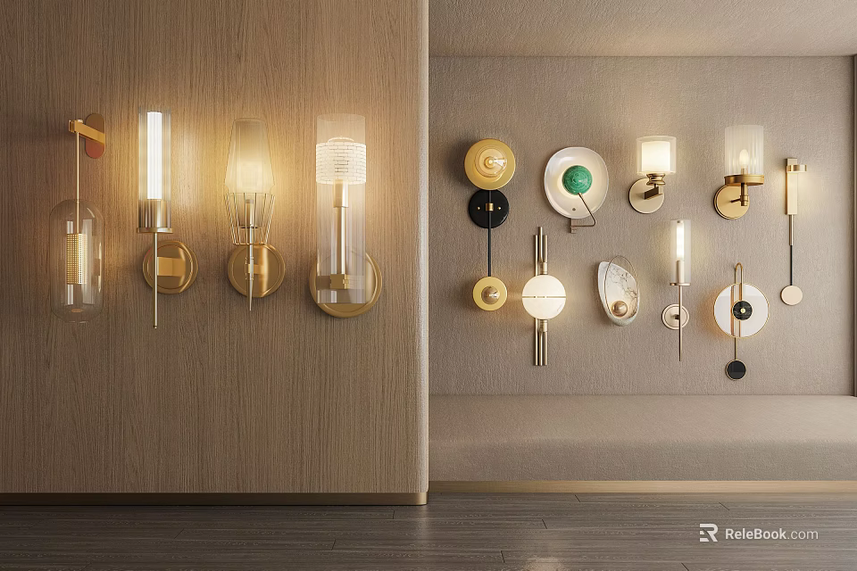 Modern Wall Lamps In Various Styles With Gold Accents And Glass Shades For Decorative Lighting 3d model 