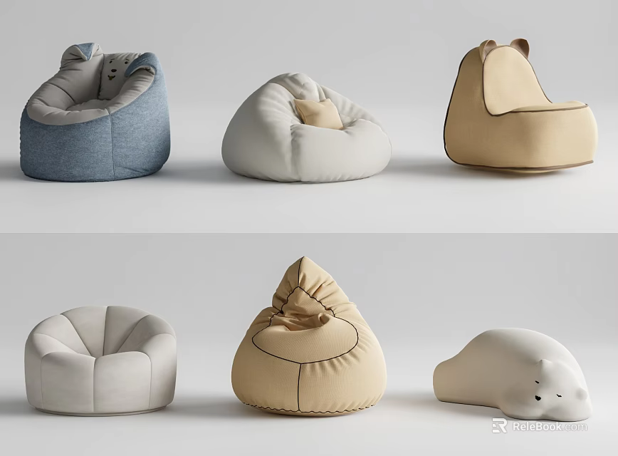 Stylish Bean Bag Chairs With Blue White Beige Colors And Cozy Designs For Home Decor 3d model 