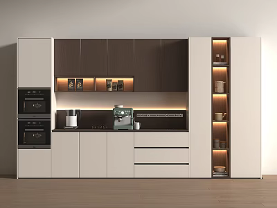 Modern Kitchen Sideboard With White And Dark Wood Cabinets Drawers Lighting And Coffee Machine 3d model