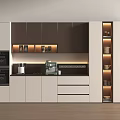 Modern Kitchen Sideboard With White And Dark Wood Cabinets Drawers Lighting And Coffee Machine