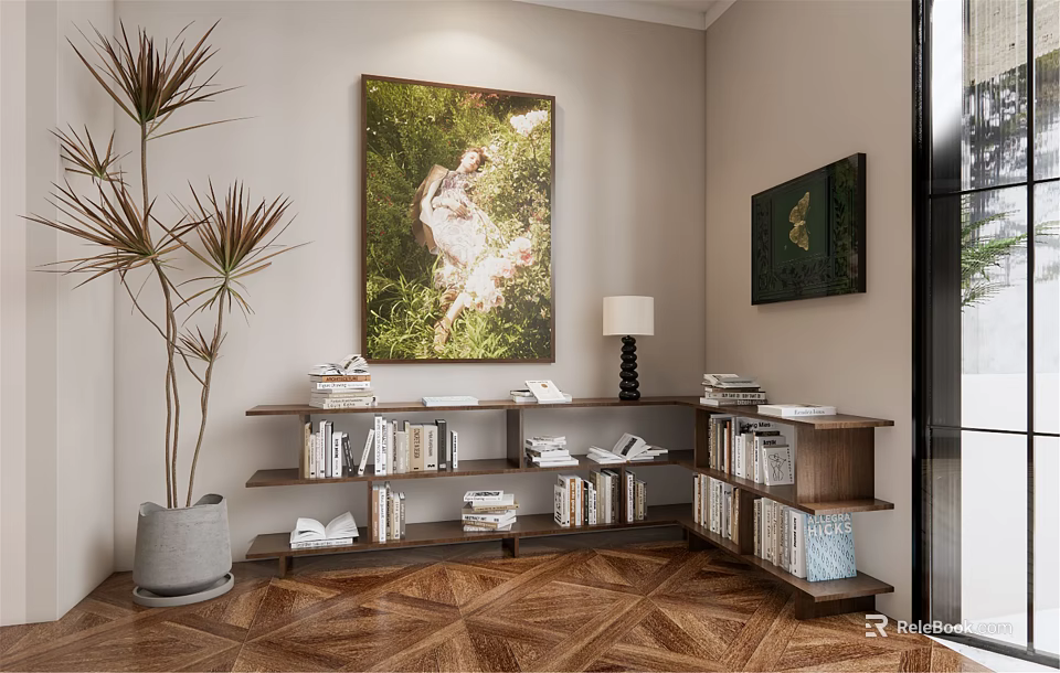 Modern Multi tiered Wooden Bookshelf Interior With Books Artwork And Potted Plant 3d model 