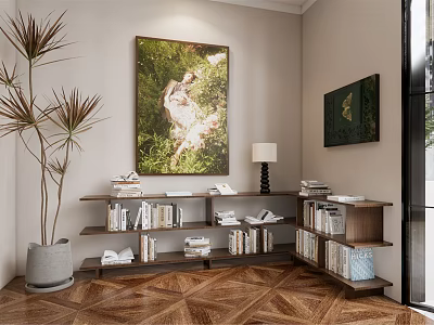 Modern Multi tiered Wooden Bookshelf Interior With Books Artwork And Potted Plant 3d model