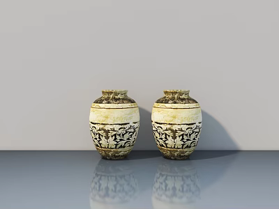 Decorative Ornament Set Featuring Two Ceramic Vases With Intricate Patterns on Modern Tabletop 3d model