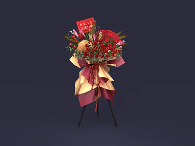 Elegant Red Flowers Arrangement in Vase with Red Card and Fan Decoration on Tripod Stand 3d model
