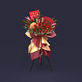 Elegant Red Flowers Arrangement in Vase with Red Card and Fan Decoration on Tripod Stand