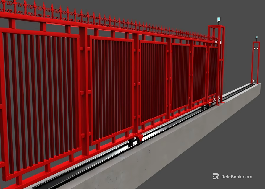 Red Metal Fence With Vertical Bars Ornate Top And Rail Track Base 3d model 