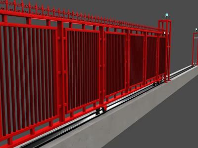 Red Metal Fence With Vertical Bars Ornate Top And Rail Track Base 3d model