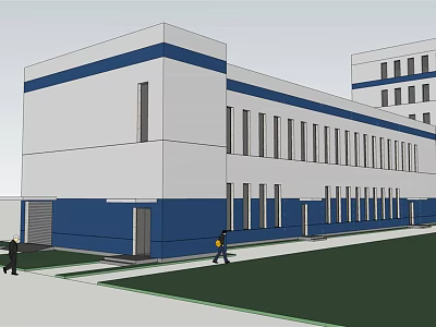 Modern Blue and White Multi storey Building with Lawn and People Walking 3d model