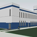 Modern Blue and White Multi storey Building with Lawn and People Walking