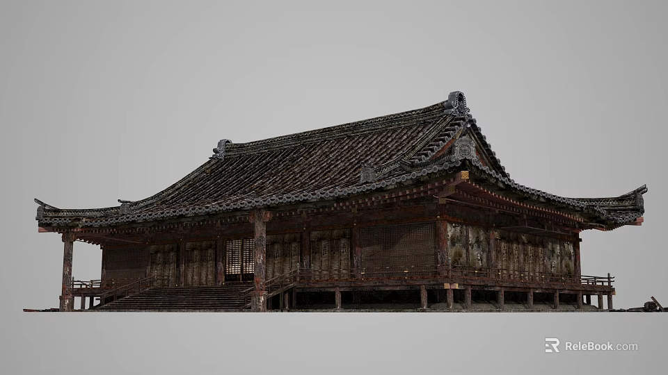 Traditional Ancient Building With Classic Wooden Roof Tiles And Ornate Eaves Design 3d model 
