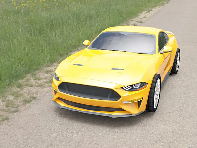 Yellow Sports Car Parked On Gravel Path With Green Grass And Flowers 3d model