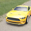 Yellow Sports Car Parked On Gravel Path With Green Grass And Flowers