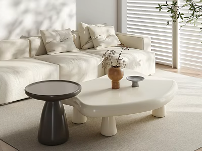White Unique Shape Coffee Table With Black Small Round Side Table And Beige Sofa Pillows 3d model
