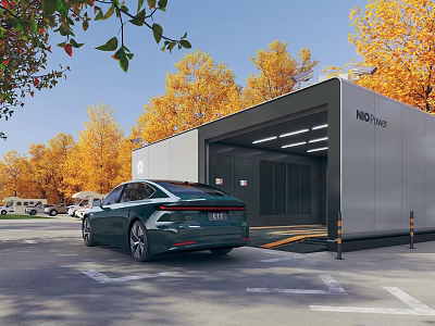 Modern Parking Garage Number 001 With Green Car Near Entrance And Yellow Autumn Trees 3d model