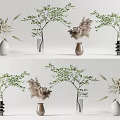 Decorative Ceramic Glass Vases With Green Foliage And Dried Flowers On Minimalist Background