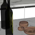 Modern Decorative Ornament Set With Glass Bottles And Wooden Bowls On Marble Countertop