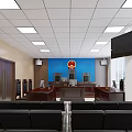 Courtroom Interior With Judge Bench Chairs Large Windows City View TV Screen Audience Seating