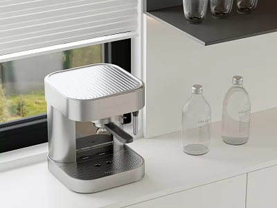 Sleek Silver Coffee Machine As Kitchen Appliance On White Countertop With Transparent Bottles 3d model
