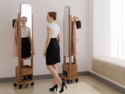 Floor Standing Wheeled Mirror With Coat Rack And Storage For Bedroom Dressing 3d model