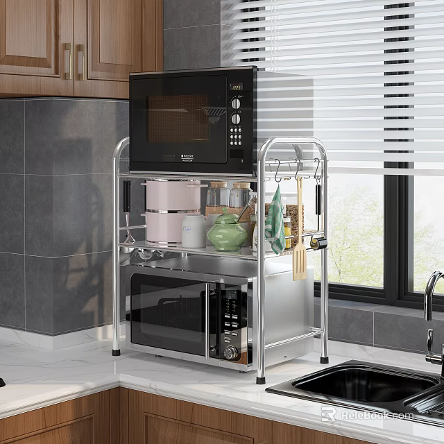 Multi tiered Metal Kitchen Storage Rack With Microwave Containers And Cooking Utensils 3d model 