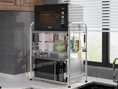 Multi tiered Metal Kitchen Storage Rack With Microwave Containers And Cooking Utensils 3d model