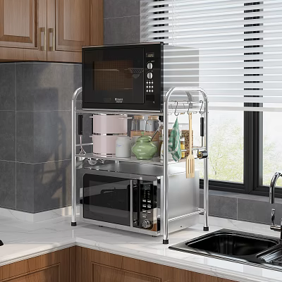 Multi tiered Metal Kitchen Storage Rack With Microwave Containers And Cooking Utensils 3d model