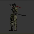 Sci Fi Character In Mechanical Armor Holding Red Lightsaber Standing Pose