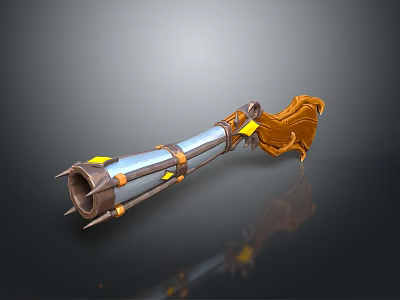 Silver Metallic Blaster Weapon With Long Cylindrical Body Yellow Accents And Brown Tassel Details 3d model