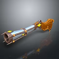 Silver Metallic Blaster Weapon With Long Cylindrical Body Yellow Accents And Brown Tassel Details