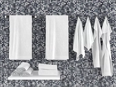 White Cotton Towels Hanging And Folded On Shelf Against Mosaic Tile Wall 3d model