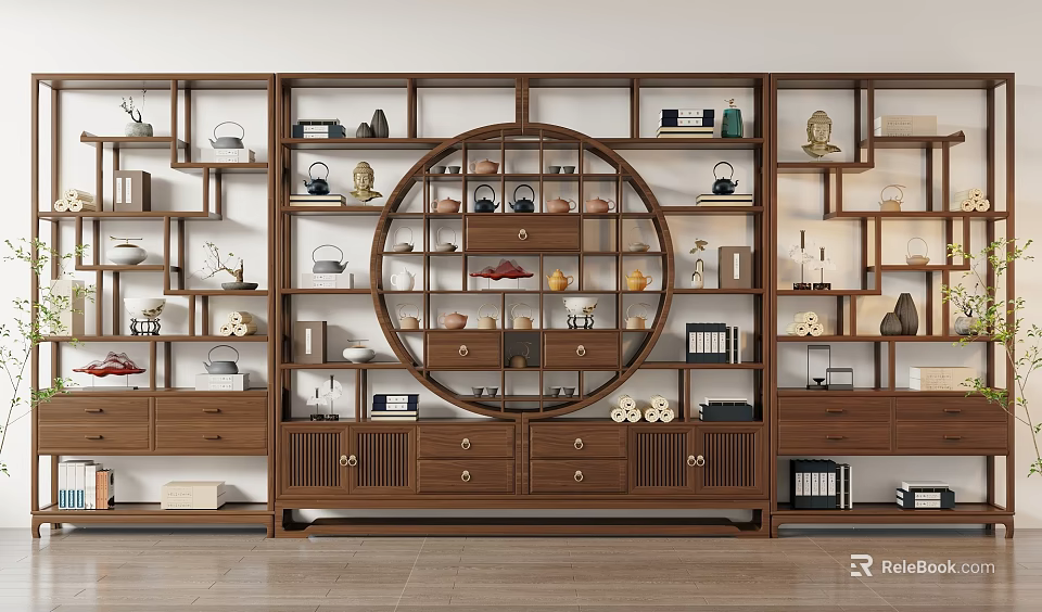Traditional Chinese Wooden Display Shelf With Multiple Compartments Circular Design And Decorative Antiques 3d model 