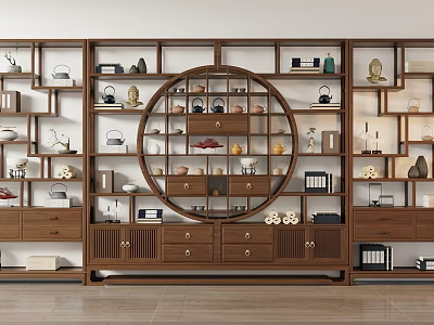 Traditional Chinese Wooden Display Shelf With Multiple Compartments Circular Design And Decorative Antiques 3d model