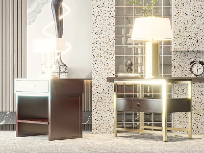 Modern Bedside Tables With Dark Wood Gold Metal Frame And White Lamps On Speckled Wall 3d model
