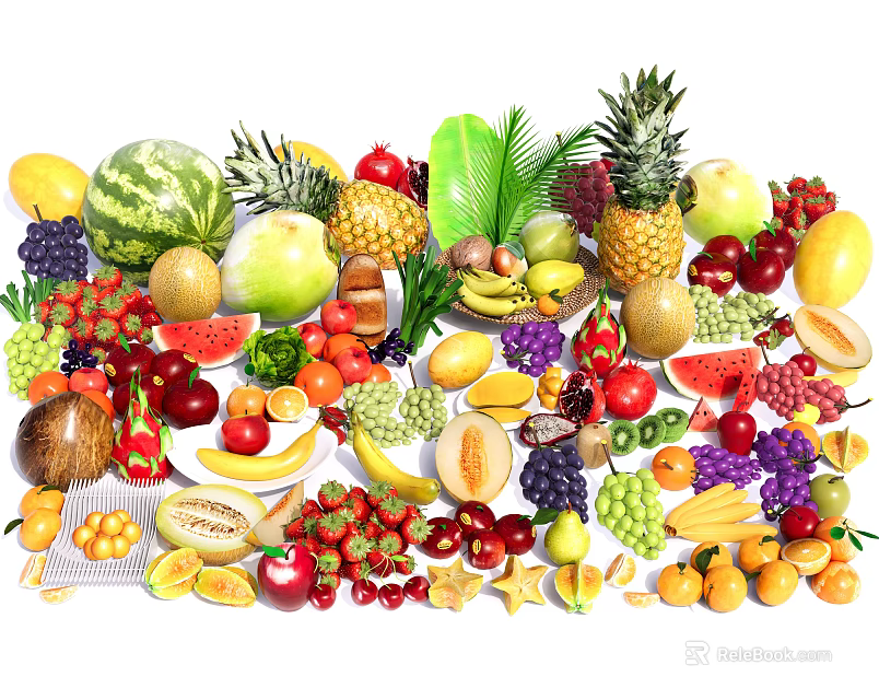 Vibrant Fresh Fruits Assortment Featuring Watermelon Pineapple Banana Grapes and Berries 3d model 