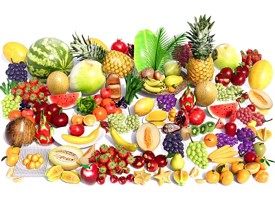 Vibrant Fresh Fruits Assortment Featuring Watermelon Pineapple Banana Grapes and Berries 3d model