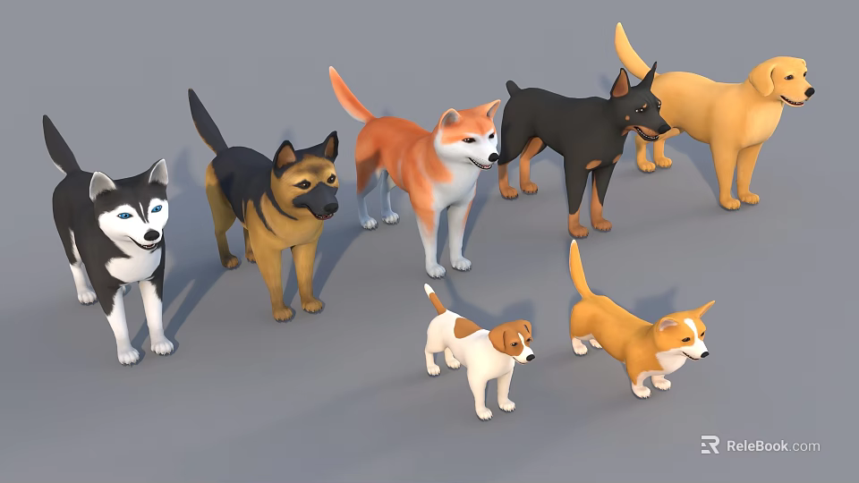 Different Dog Breeds Standing Together In Various Colors And Cute Poses 3d model 