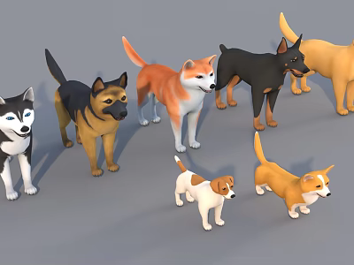 Different Dog Breeds Standing Together In Various Colors And Cute Poses 3d model
