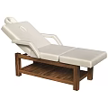 Modern Lounge Chair Featuring Beige Upholstery Dark Wooden Frame And Storage Shelf