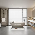 Modern Bathroom Interior With Freestanding Bathtub Shower Washing Machine Blinds And Gray Floor Tiles