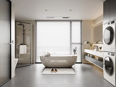 Modern Bathroom Interior With Freestanding Bathtub Shower Washing Machine Blinds And Gray Floor Tiles 3d model