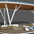 Modern Pergola Design Featuring Blue Canopy White Frames Wooden Deck And Round Seats 3d model