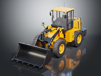 Yellow Construction Loader with Front Bucket Large Tires and Cab on Reflective Surface 3d model