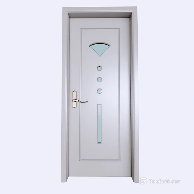 Modern White Hinged Door With Decorative Glass Panels And Golden Handle 3d model 