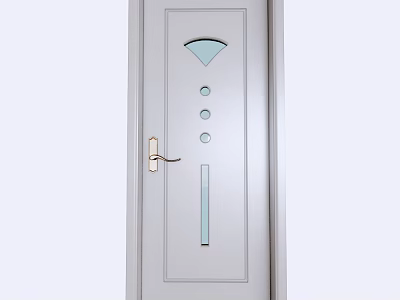 Modern White Hinged Door With Decorative Glass Panels And Golden Handle 3d model