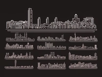 Set of Multiple City Skyline Silhouettes in White on Black Background 3d model