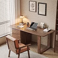 Modern Wooden Desk Interior With Laptop Table Lamp Chair And Wall Art
