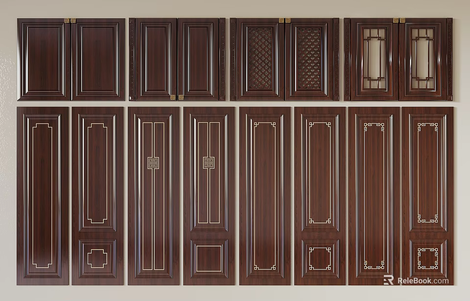 Dark Brown Wooden Wardrobe Doors With Various Styles And Decorative Details 3d model 