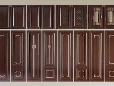 Dark Brown Wooden Wardrobe Doors With Various Styles And Decorative Details 3d model