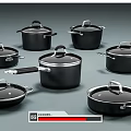 Black Kitchen Cookware Set With Lids Various Sizes And Silver Handles 3d model