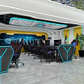 Modern Cybercafe Interior With Computers Comfortable Chairs Yellow Walls And Green Plants